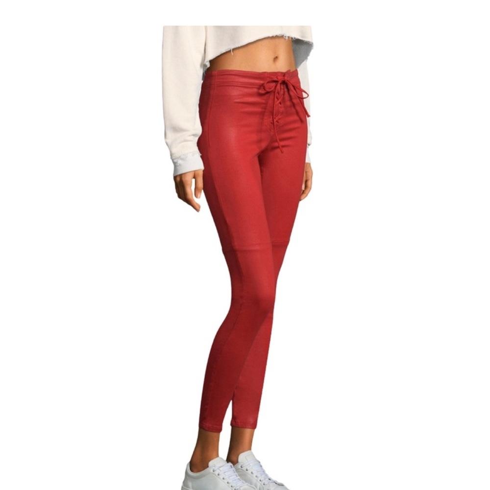 Joe’s jeans /Talyor Hill series, red coated jeans, mid rise lace up, skinny leg.